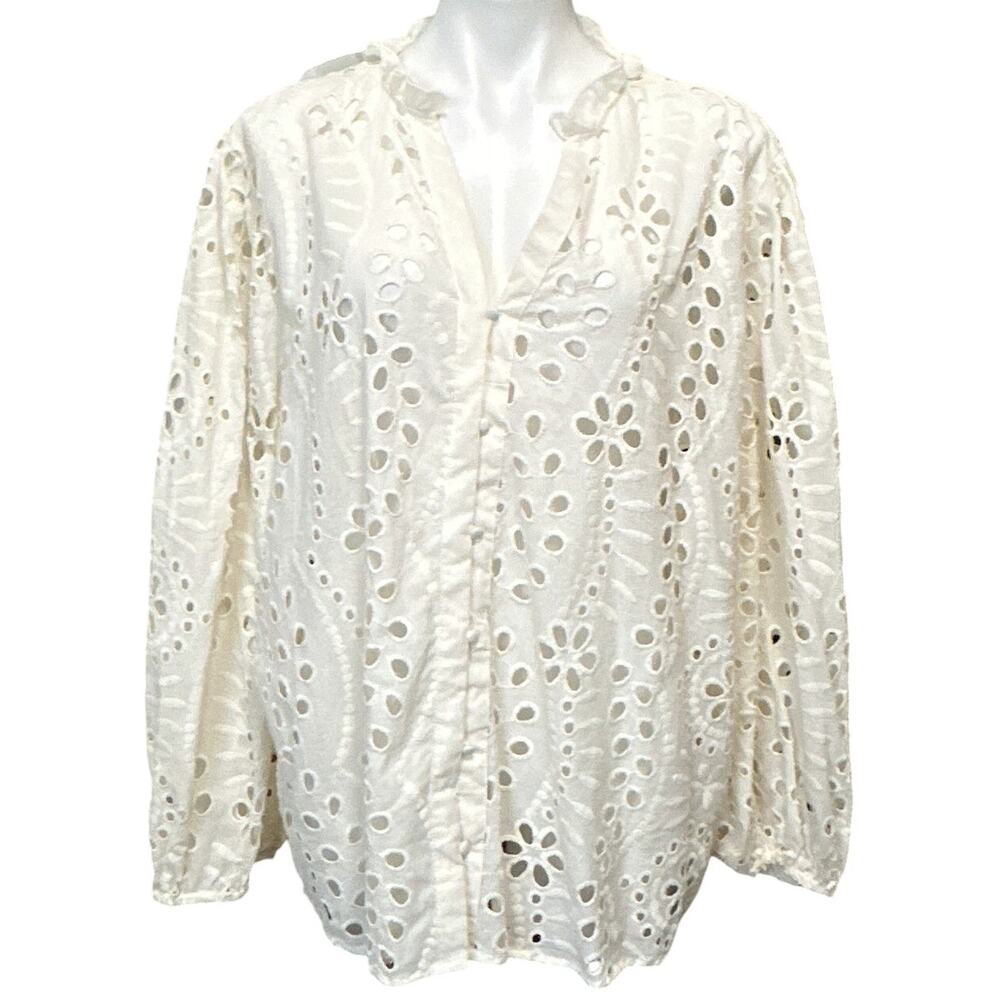 Forgotten Grace Ivory Eyelet Ruffle Blouse Button Front Balloon Sleeve Women XXL